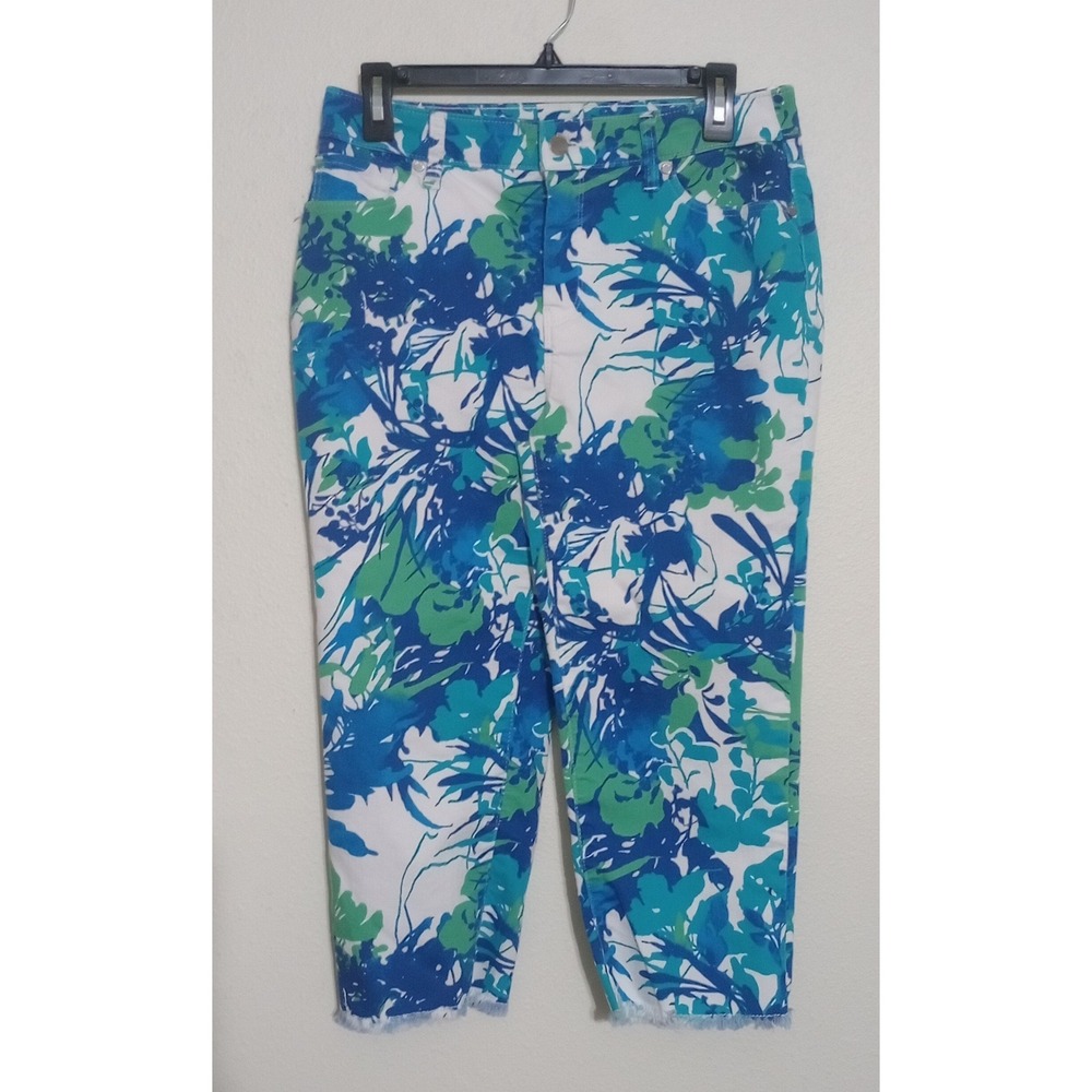 Chicos Perfect Stretch Girlfriend Slim Leg Capri Floral Blue Green Size 0.5 S